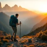 Adventure Gear Recommendations That Never Fail Backpacker hiking through a rugged mountain landscape at sunrise, equipped with premium outdoor gear