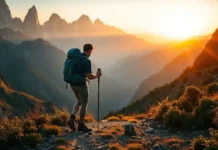 Adventure Gear Recommendations That Never Fail Backpacker hiking through a rugged mountain landscape at sunrise, equipped with premium outdoor gear