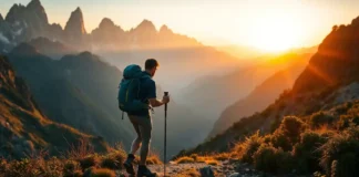 Backpacker hiking through a rugged mountain landscape at sunrise, equipped with premium outdoor gear