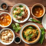 Beautiful flat lay of diverse Asian breakfast dishes