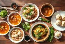 Beautiful flat lay of diverse Asian breakfast dishes
