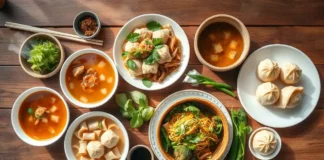 Beautiful flat lay of diverse Asian breakfast dishes