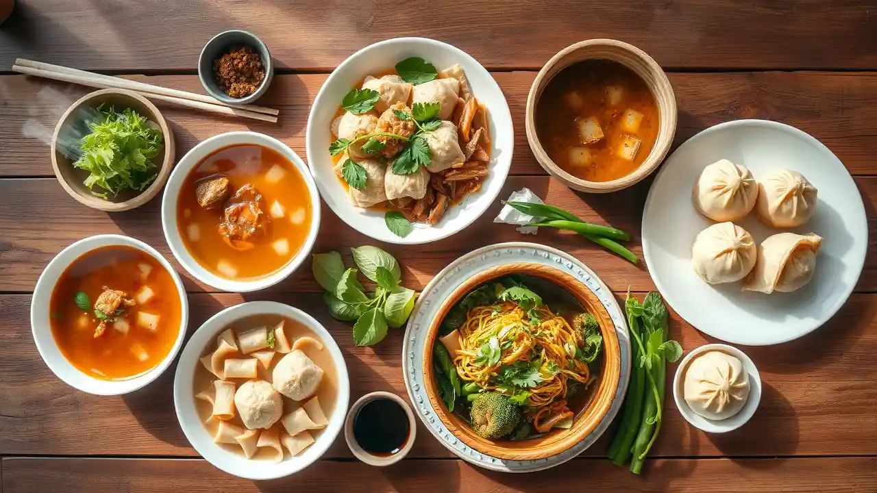 Beautiful flat lay of diverse Asian breakfast dishes
