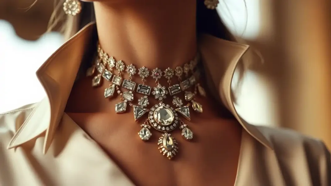 Close-up of elegant Anna Wintour style necklace