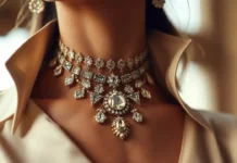 Close-up of elegant Anna Wintour style necklace