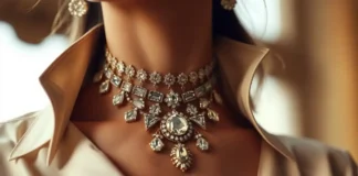 Close-up of elegant Anna Wintour style necklace