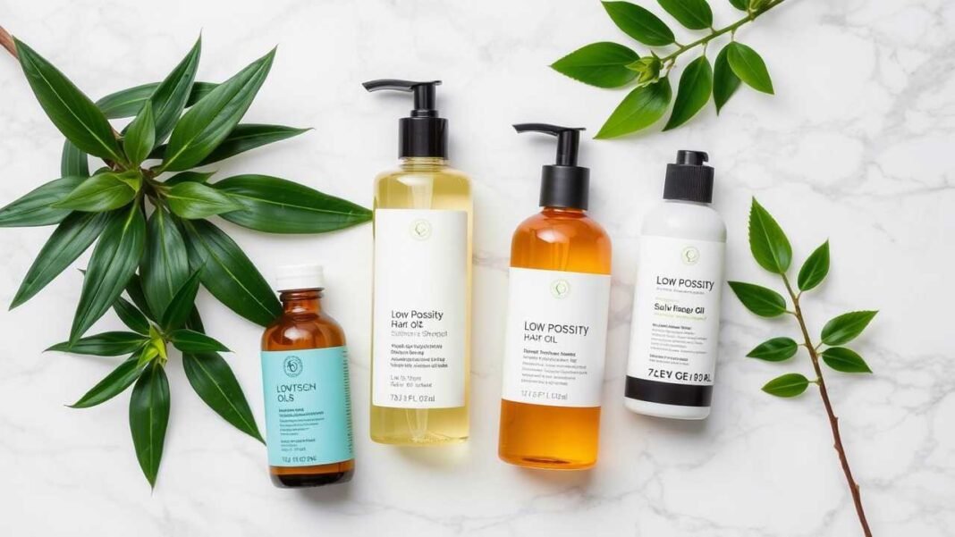 Flat lay of low porosity hair products