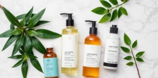 Flat lay of low porosity hair products