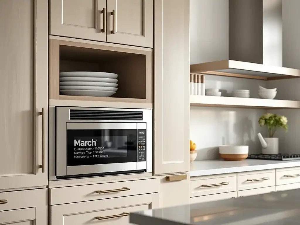 image showcasing a modern kitchen featuring built-in microwave drawers.