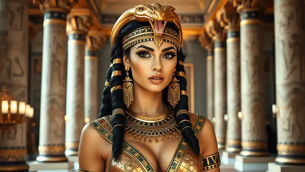 A beautiful woman in a detailed Cleopatra costume with gold jewelry