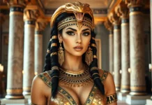 Cleopatra Costume: Rule Like a Queen A beautiful woman in a detailed Cleopatra costume with gold jewelry