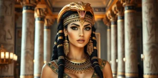 A beautiful woman in a detailed Cleopatra costume with gold jewelry