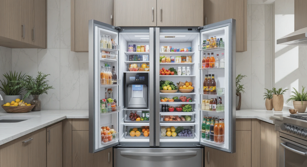 A modern kitchen with a sleek 18 CF refrigerator A modern kitchen with a sleek 18 CF refrigerator