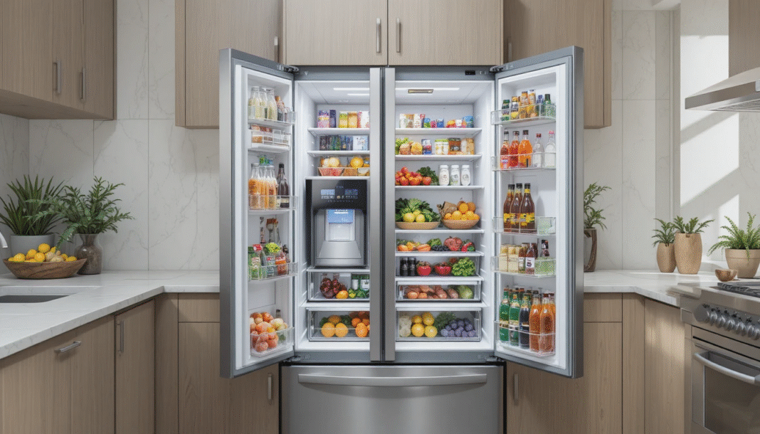 A modern kitchen with a sleek 18 CF refrigerator