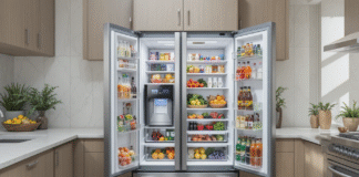 A modern kitchen with a sleek 18 CF refrigerator