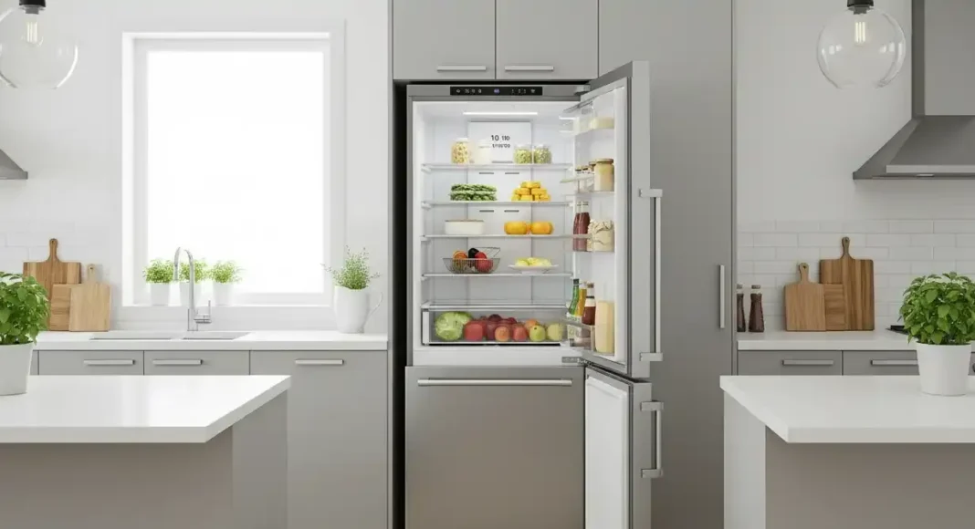 A modern kitchen with an 18 cu ft refrigerator in stainless steel finish A modern kitchen with an 18 cu ft refrigerator in stainless steel finish