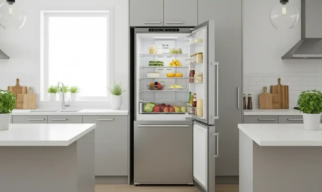 A modern kitchen with an 18 cu ft refrigerator in stainless steel finish