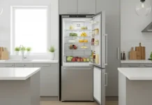 A modern kitchen with an 18 cu ft refrigerator in stainless steel finish