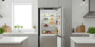 A modern kitchen with an 18 cu ft refrigerator in stainless steel finish
