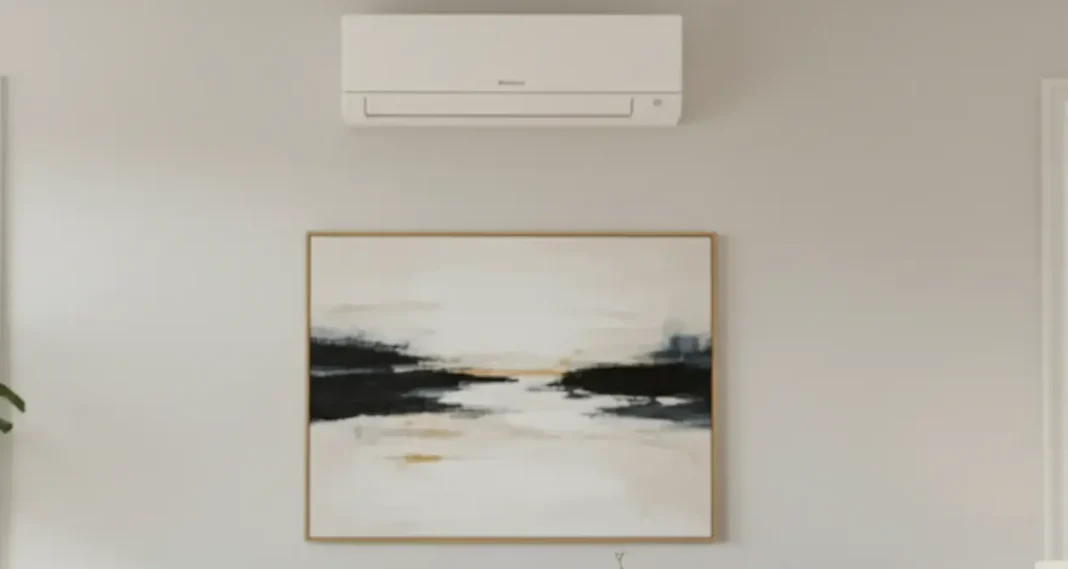 A modern living room with a sleek Mini Splitter Air Conditioner mounted on the wall