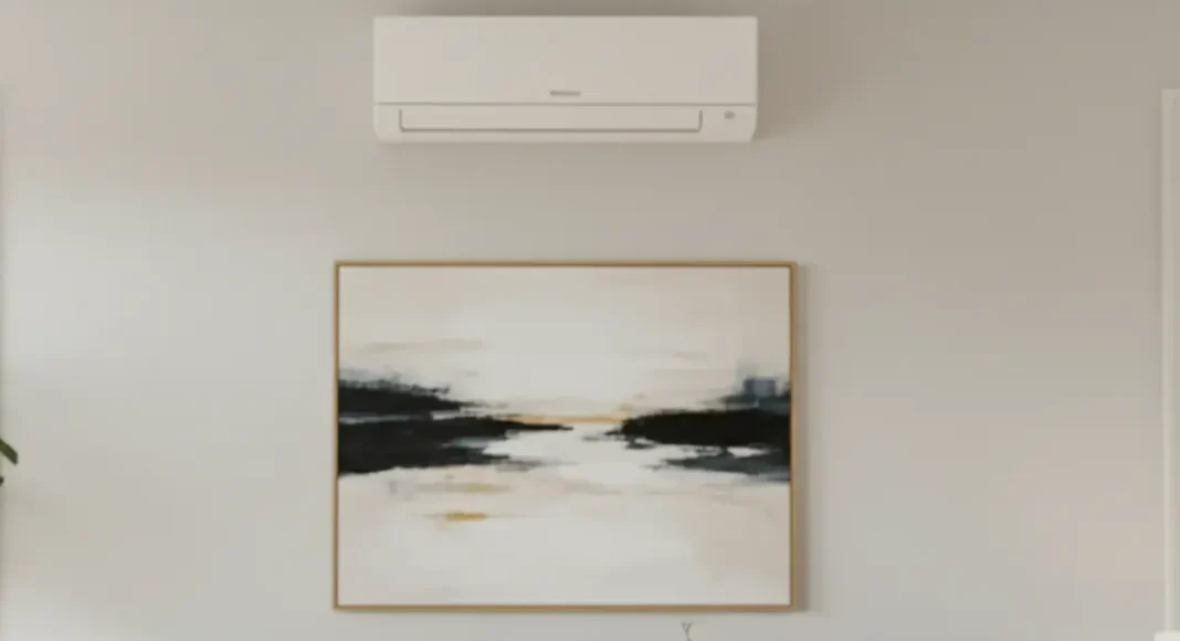 A modern living room with a sleek Mini Splitter Air Conditioner mounted on the wall A modern living room with a sleek Mini Splitter Air Conditioner mounted on the wall