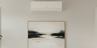 A modern living room with a sleek Mini Splitter Air Conditioner mounted on the wall