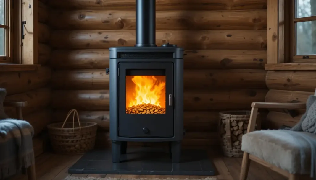 A modern small pellet burner in a cozy cabin setting with visible glowing pellets inside