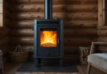 A modern small pellet burner in a cozy cabin setting with visible glowing pellets inside
