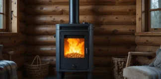 A modern small pellet burner in a cozy cabin setting with visible glowing pellets inside