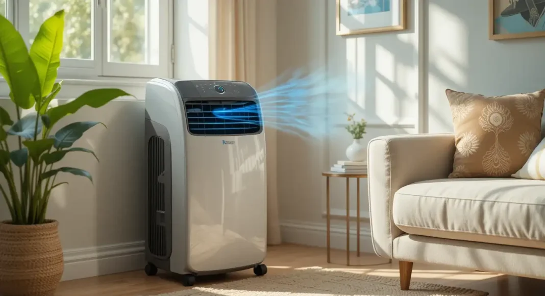 A sleek, modern aircon portable air conditioner placed in a stylish living room corner A sleek, modern aircon portable air conditioner placed in a stylish living room corner