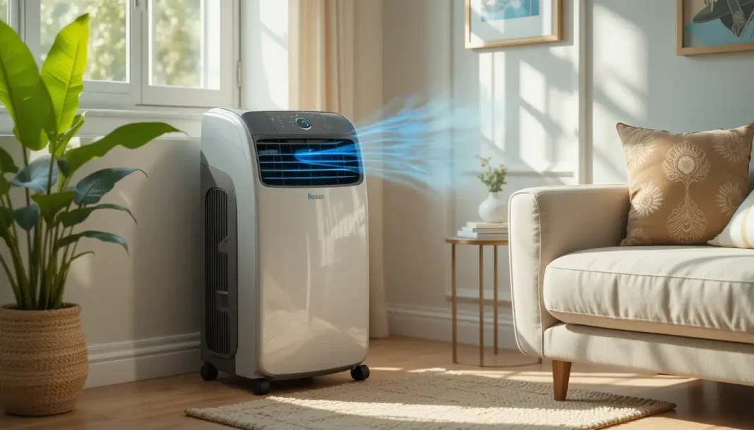 A sleek, modern aircon portable air conditioner placed in a stylish living room corner