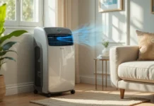 A sleek, modern aircon portable air conditioner placed in a stylish living room corner