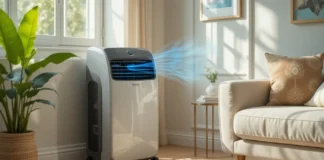 A sleek, modern aircon portable air conditioner placed in a stylish living room corner