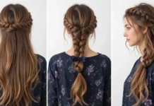 A stylish woman with long boho knotless braids featuring curly strands
