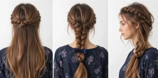 A stylish woman with long boho knotless braids featuring curly strands