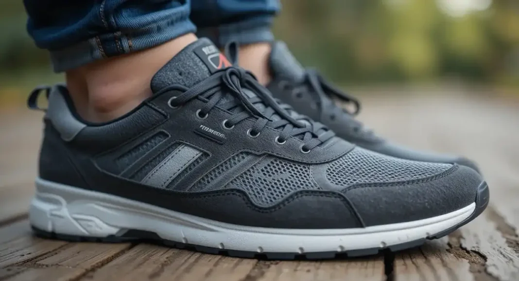 Close-up of a stylish Sneakers for Plantar Fasciitis on a wooden floor