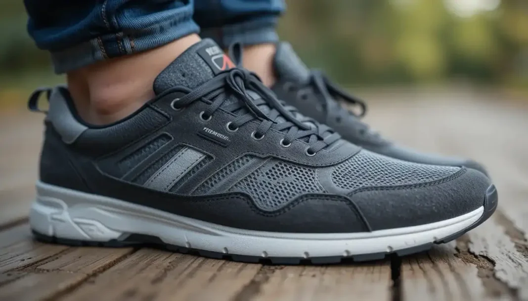 Close-up of a stylish Sneakers for Plantar Fasciitis on a wooden floor