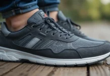Close-up of a stylish Sneakers for Plantar Fasciitis on a wooden floor