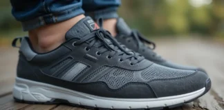 Close-up of a stylish Sneakers for Plantar Fasciitis on a wooden floor
