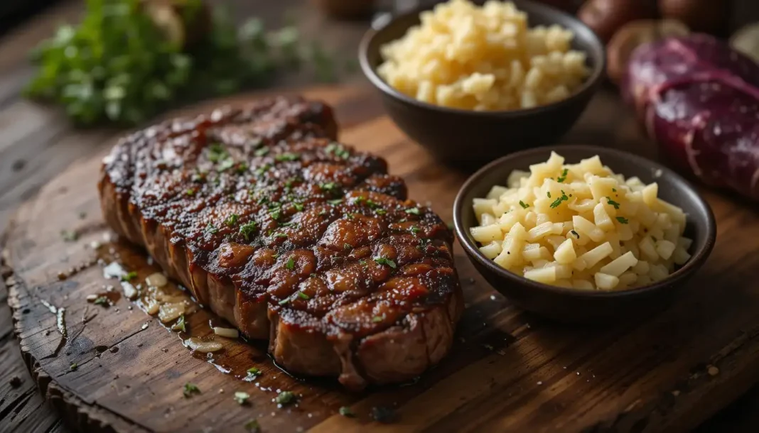 Sauerkraut on carnivore diet served with grilled steak, highlighting the mix of fermented cabbage and meat for gut health and digestion.