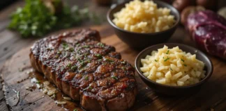 Sauerkraut on carnivore diet served with grilled steak, highlighting the mix of fermented cabbage and meat for gut health and digestion.