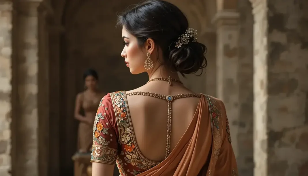 image of a woman in a traditional silk saree with a stylish modern blouse back design