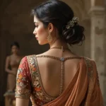 Gorgeous Blouse Back Designs for Style & Elegance image of a woman in a traditional silk saree with a stylish modern blouse back design