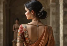 image of a woman in a traditional silk saree with a stylish modern blouse back design