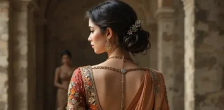 image of a woman in a traditional silk saree with a stylish modern blouse back design