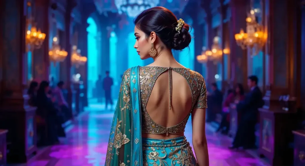 photo of a model wearing a modern saree with a Stylish Blouse Design Back photo of a model wearing a modern saree with a Stylish Blouse Design Back