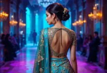 photo of a model wearing a modern saree with a Stylish Blouse Design Back