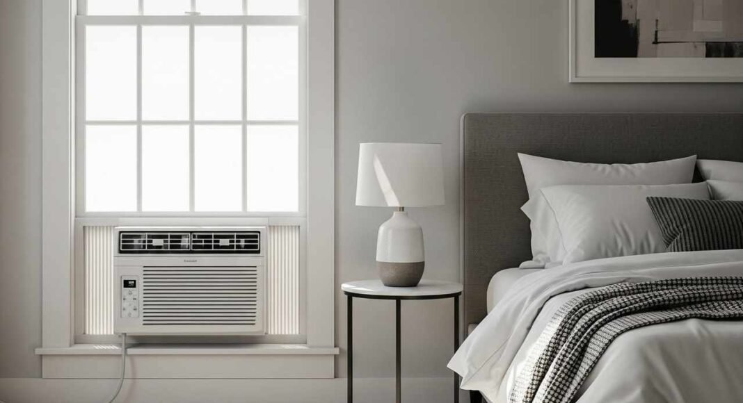 small air conditioner installed in a modern cozy bedroom