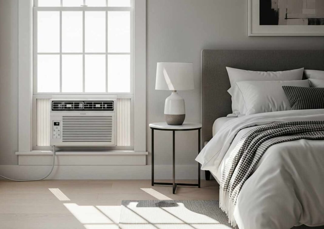 small air conditioner installed in a modern cozy bedroom