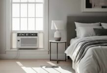 small air conditioner installed in a modern cozy bedroom
